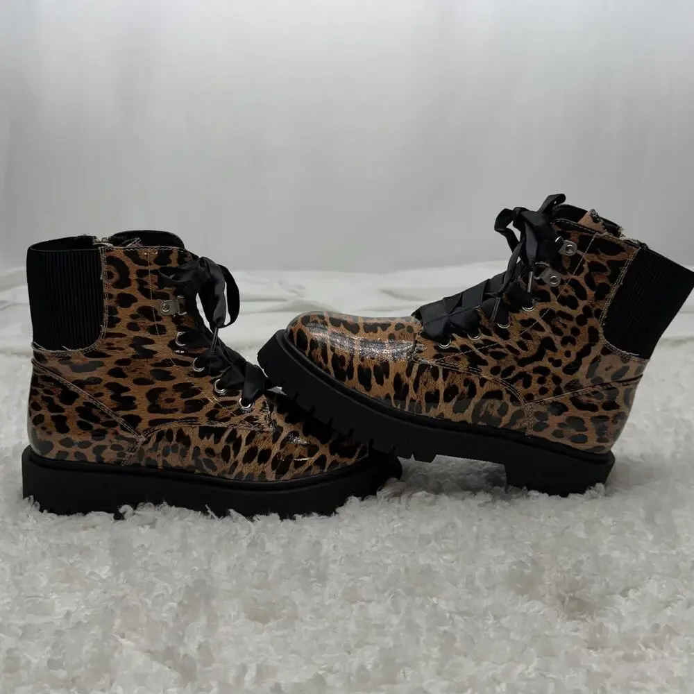 DV Dolce Vita Chrystal Leopard Print Patent Lug Sole Combat‎ Boots Kids Size 5